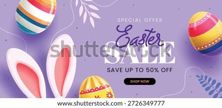 Horizontal Easter sale banner with up to 50% off offer, featuring large 3D bunny ears and colorful realistic eggs on a purple background with botanical accents.