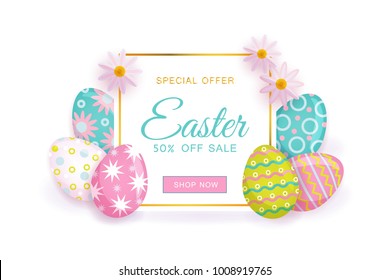 Horizontal Easter sale banner, flyer design with square frame decorated with flowers and painted eggs, vector illustration. Colorful Easter sale banner template with text, painted eggs and flowers