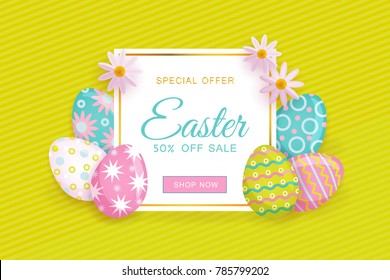 Horizontal Easter sale banner, flyer design with square frame decorated with flowers and painted eggs, vector illustration. Colorful Easter sale banner template with text, painted eggs and flowers