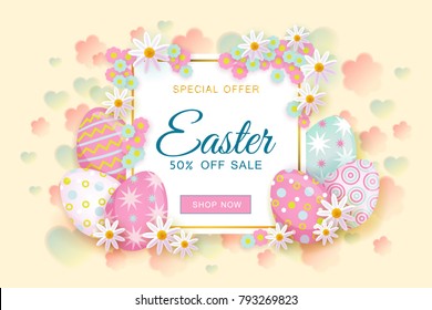 Horizontal Easter sale banner, flyer design with square frame decorated with flowers and painted eggs, vector illustration. Colorful Easter sale banner template with text, painted eggs and flowers