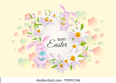 Horizontal Easter sale banner, postcard, card with egg shaped center element, text and cute bunnies, vector illustration. Happy Easter postcard, greeting card, banner template with bunnies and flowers