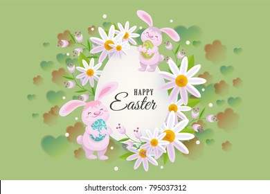 Horizontal Easter sale banner, postcard, card with egg shaped center element, text and cute bunnies, vector illustration. Happy Easter postcard, greeting card, banner template with bunnies and flowers