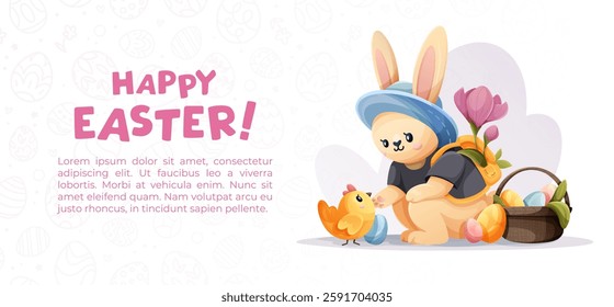 A horizontal Easter-themed banner featuring a sitting rabbit wearing a blue hat and carrying a backpack with flowers, smiling at a little chicken, set against a white background with a pattern