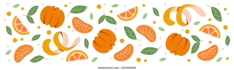 Horizontal eco banner with citrus fruits. Tangerines, oranges. Background for orange juice or jam