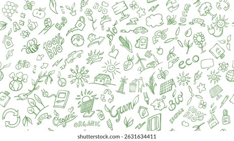Objetos y Elementos relacionados con la ecología Horizontal y el medio ambiente. Dibujado a mano Vector Doodle Ilustración Colección