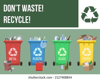Horizontal educational poster with garbage cans. Sorted garbage: metal, plastic, paper, glass.