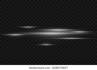 Horizontal effect of light line and beam, laser light neon flash. On a transparent background.