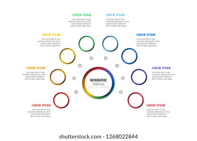 horizontal eight steps design layout infographic template with round 3d realistic elements. process diagram for brochure, banner, annual report