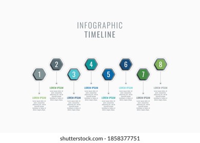 Horizontal eight steps timeline infographic template. Multicolor hexagonal elements with numbers and textboxes on a white background. Vector business data progress visualization. Eps 10