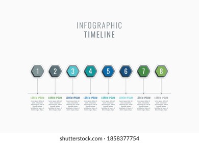 Plantilla de infografía de línea de tiempo horizontal de ocho pasos. Elementos hexagonales multicolor con números y cuadros de texto en un fondo blanco. Visualización del progreso de los datos empresariales vectores. Eps 10
