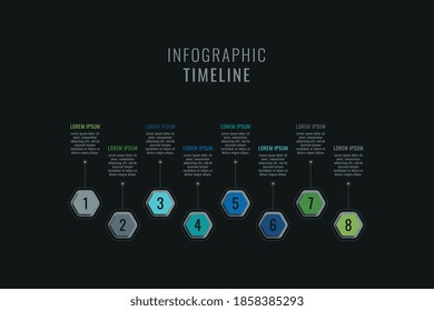 Horizontal eight steps timeline infographic template. Multicolor hexagonal elements with numbers and textboxes on a black background. Vector business data progress visualization. Eps 10