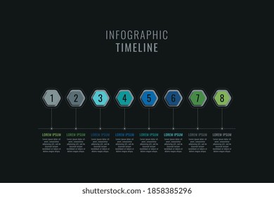 Horizontal eight steps timeline infographic template. Multicolor hexagonal elements with numbers and textboxes on a black background. Vector business data progress visualization. Eps 10
