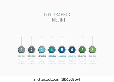 Horizontal eight steps timeline infographic template. Multicolor hexagonal elements with numbers and textboxes on a white background. Vector business data progress visualization. Eps 10