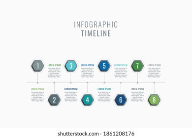 Horizontal eight steps timeline infographic template. Multicolor hexagonal elements with numbers and textboxes on a white background. Vector business data progress visualization. Eps 10