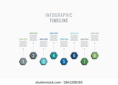 Horizontal Eight Steps Timeline Infographic Template. Multicolor Hexagonal Elements With Numbers And Textboxes On A White Background. Vector Business Data Progress Visualization. Eps 10