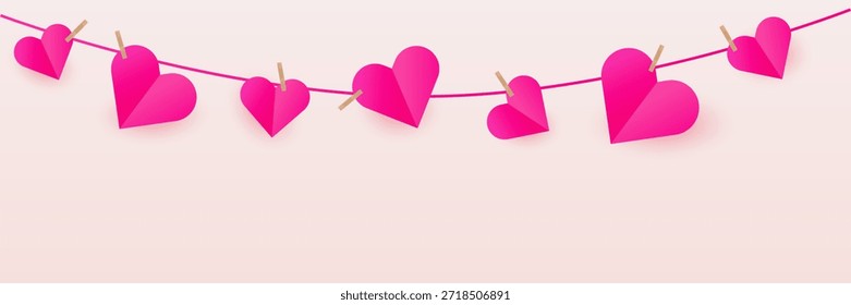 Horizontal empty banner with a garland of paper hearts. Romantic banner or flyer concept for Valentine's Day holiday with empty space for your design. Background for social media, website banner or print. Vector EPS10