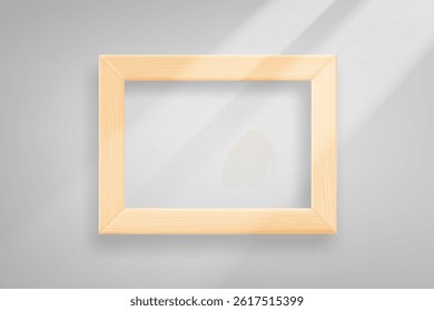 Horizontal empty photo frame on bright wall with sun beam. 3d vector mockup