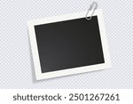 Horizontal empty photo frame with paper clipp with shadow effect. Mockup empty place for your text or photo. Realistic template are waiting to be filled with memories. Vector blank picture frame