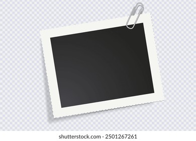 Horizontal empty photo frame with paper clipp with shadow effect. Mockup empty place for your text or photo. Realistic template are waiting to be filled with memories. Vector blank picture frame