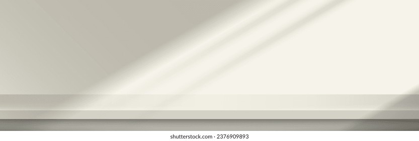 Horizontal empty shelf with sunlight interior room. Product display. Minimal. Vector illustration.