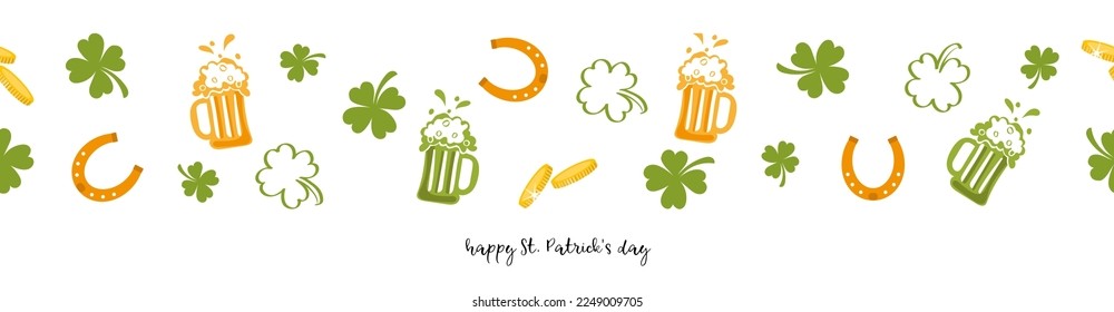 Horizontale, endlose Grenze mit Klee, Hufeisen und Bier auf weißem Hintergrund. Nahtloses Wiederholmuster. Cartoon-Doodles. Vektordesign für Verpackung, Postkarten, Banner. Alles Gute zum St. Patrick's Day!