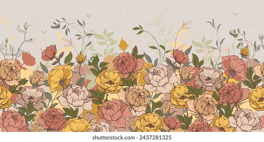 Horizontal endless botanical border, wallpaper. Hand drawn roses, plants, leaves. Colorful blossoms, buds, field. 