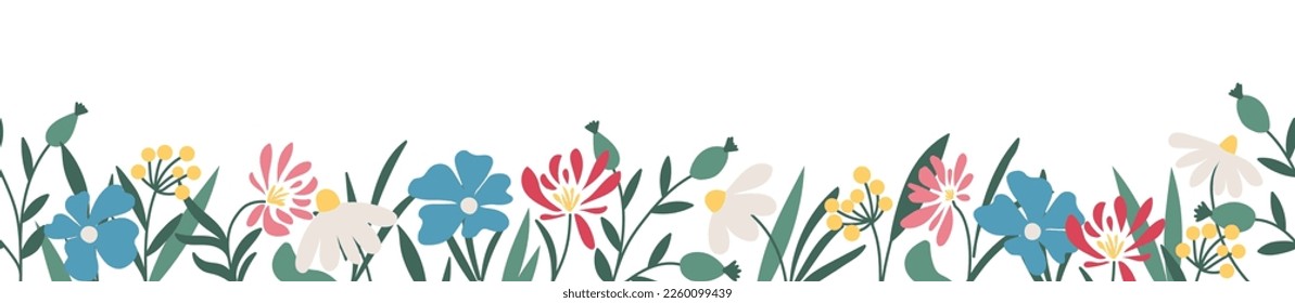 Horizontal endless floral border on a white background. Seamless repeat pattern. Cartoon doodles. Vector design for textiles, packaging, paper, postcards, banners. Botanical flat illustration