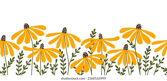 Horizontal endless floral border on a white background. Seamless repeat pattern. Vector design for textiles, packaging, paper, postcards, banners. Botanical flat illustration with yellow flowers.