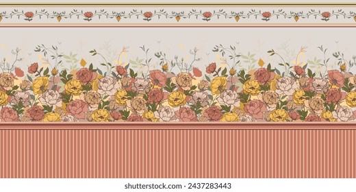 Horizontal endless wall decoration. Flowers, roses, blooms, buds, leaves, plants. Classic fresco, wallpaper. Chic, elegant wall art.