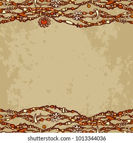 Horizontal ethnic boho seamless borders made from wooden beads on old paper texture background. Jewelry bijouterie elements. Sketch style hand drawn isolated vector illustration, 