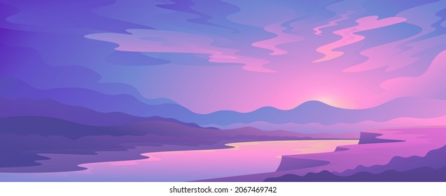 Horizontal evening landscape of hills and river at sunset background.