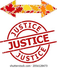 Icono de intercalación horizontal de flecha de Exchange construido para la temporada de otoño y sello de grifo de Justicia. El mosaico de flecha de intercambio horizontal vectorial se construye a partir de hojas de arce y roble dispersos.