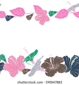 Horizontal exotic flowers in allover composition with copy space. Pattern for fashion, fabric or textile. Seamless vector tropical design with hibiscus on a white background in green and pink colors.