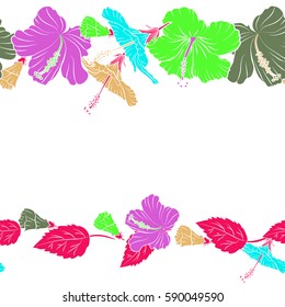 Horizontal exotic flowers with copy space. Pattern for summer fashion, fabric or textile. Seamless vector tropical design with hibiscus on a white background in violet, green and magenta colors.