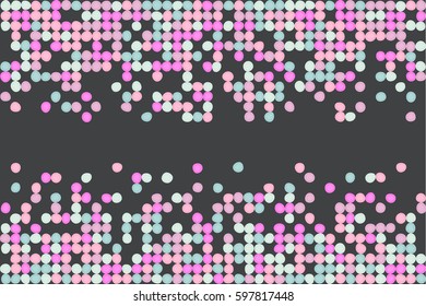 Horizontal fading pixel background. Pink round particles on black background. Vector illustration for your graphic design.