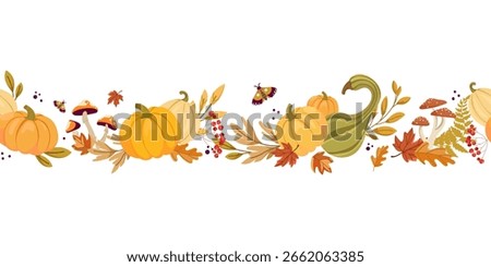 Horizontal fall border with pumpkins, gourds, mushrooms, autumn leaves, berries, and butterflies in warm seasonal colors for Thanksgiving and harvest design. Seasonal Pumpkin Garland for Autumn Design