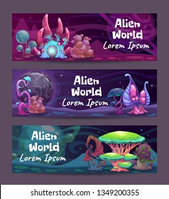 Horizontal fantasy banners with magic plants and mushrooms. Vector illustration.