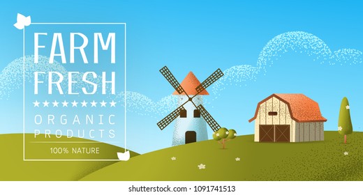 Horizontal Farm field nature landscape and a village on a hill  Vector texture style concept illustration.