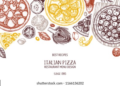 Horizontal fast food design. Vintage template with hand drawn pizza sketches. Vector frame for pizzeria or cafe menu. Top view italian food illustration.  