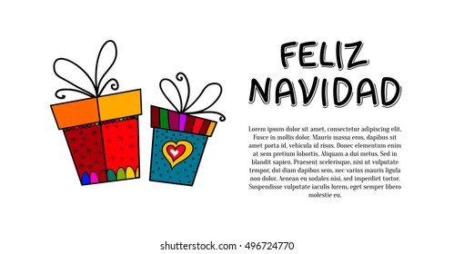 Horizontal feliz navidad vector banner with hand drawn gifts. Gift boxes isolated on white background, hand lettering and place for your text. Naive style freehand sketch childish illustration.