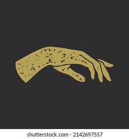 Horizontal feminine drawing hand with fingers golden grunge texture vector illustration. Elegant lady arm art decorative design logo emblem for beauty manicure nails skin care salon isolated on black