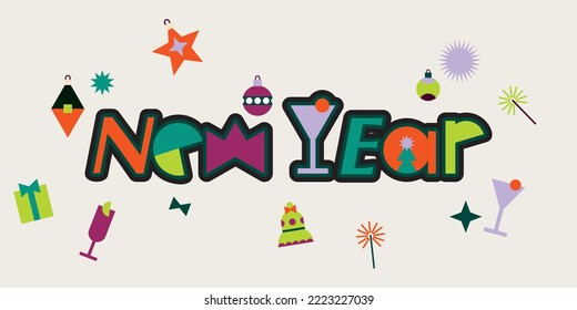 Horizontal festive banner with decorative funny lettering New Year in cut out shapes style. Winter background with holiday symbols, stars, cute letters for postcards, social media. Vector illustration