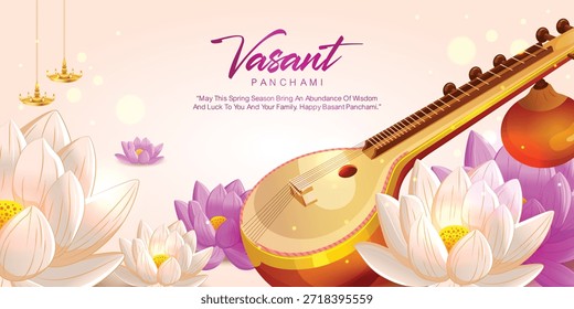 Horizontal diseño de Anuncio festivo para Vasant Panchami con un clásico Veena, lotos y lámparas doradas colgantes. Adecuado para encabezados de Sitios web, Anuncios publicitarios, promociones de festivales, publicaciones sociales y creativos de eventos.