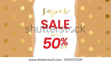 Horizontal festive banner, flyer with torn wrapping kraft paper with golden polka dots super sale 50%. Wrapping craft gold sheet with jagged edges. Vector illustration EPS10