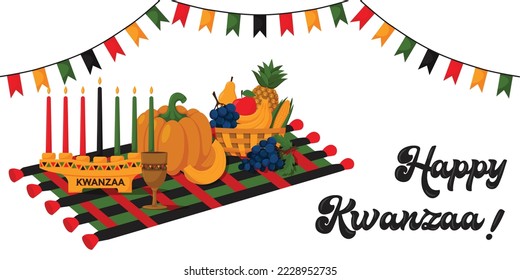 Horizontal festive concept banner Happy Kwanzaa. Kwanzaa mat, a kinara with traditional candles, a fruit basket and unity cup. Cartoon vector illustration on a white background