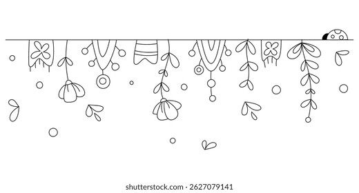 Horizontal festive garland with flowers, bunting and ladybug. Black and white illustration for design of cards, banners, flyers, invitations, coloring books