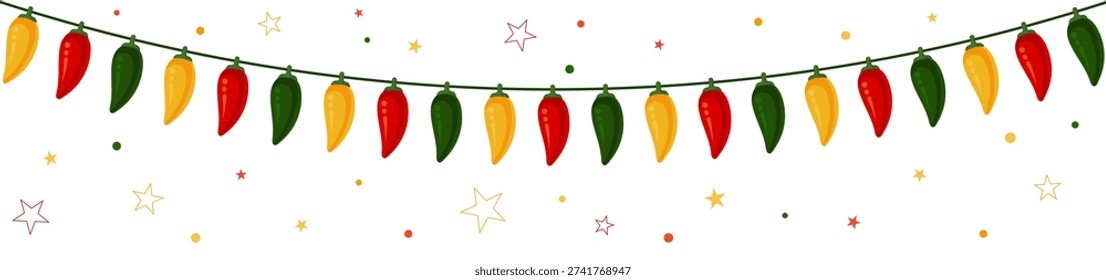 Horizontal festive garland made of red, green, and yellow chili peppers hanging on a string with decorative stars and confetti. High-quality vector illustration isolated on white, perfect for Mexican fiesta headers, restaurant menu decoration, and Cinco de Mayo party banners.