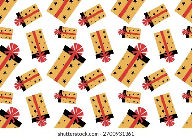 Horizontal festive seamless pattern with Christmas or birthday gifts. A cute orange gift box in a flat style. Cozy illustration for cards, posters, wrapping, scrapbooking, and patterns.