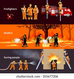 Horizontal Firefighter People Banners With Firefighters Alerting Wildfire And Brigade Extinguishing Flames In Residential House Flat Vector Illustration  