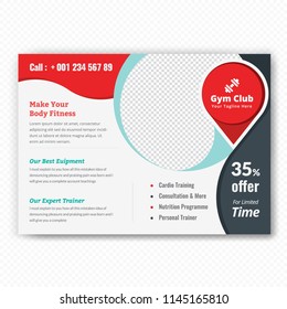 Horizontal Fitness Center Flyer & Poster Cover Template. Fitness and Gym concept, Abstract Modern Design, Business brochure. Vector Illustration